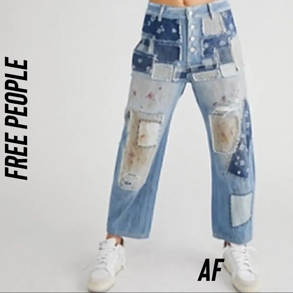 FREE PEOPLE AZALEA BLUE DAISY PATCHWORK JEANS NEW
